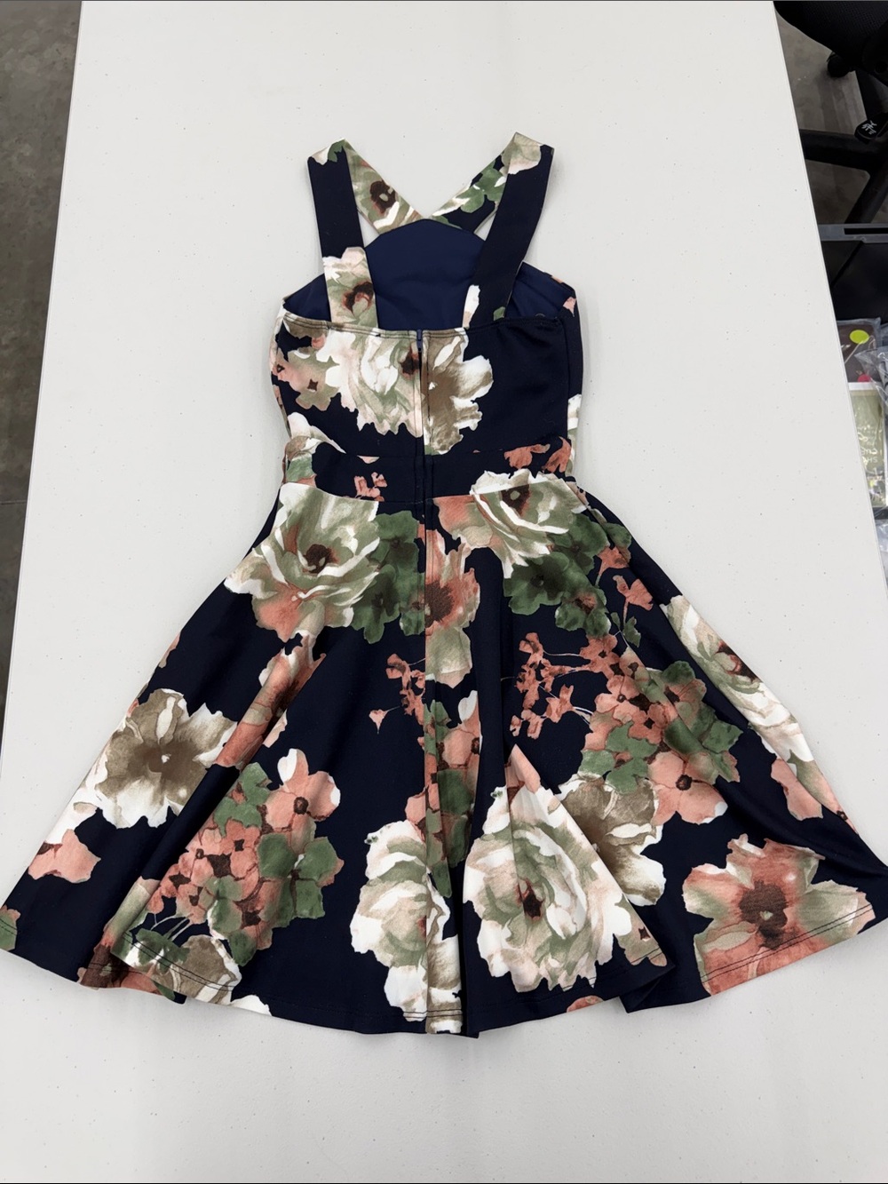Trac Navy Floral Fit & Flare Dress with Green and Blush Blooms - Picture 5 of 5